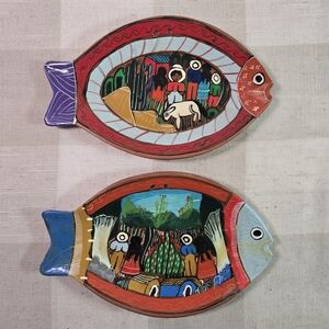 Set Of 2 Terra Cotta Fish Shapes Plate Hand Painted Mexico